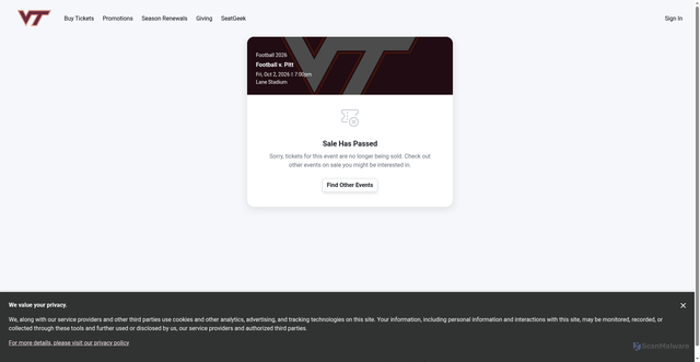 Security scan screenshot of https://hokiesports.evenue.net/event/F26/03