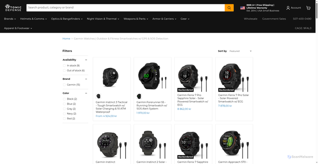 Security scan screenshot of https://www.atomicdefense.com/collections/garmin-watches?srsltid=AfmBOoraUffkNS0nY2GRQdJgi2d3PN3kFOtEeFh00fKuALq2hdDeYZyX