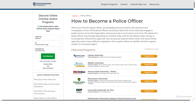 Security scan screenshot of https://www.criminaljusticeprograms.com/specialty/police-officer/