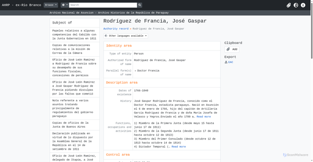 Security scan screenshot of https://riobranco.archivonacional.gov.py/index.php/rodriguez-de-francia-jose-gaspar