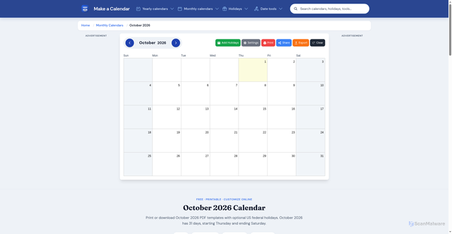 Security scan screenshot of https://make-a-calendar.com/october-2026