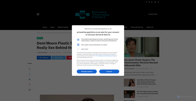 Security scan screenshot of https://privatetherapyclinics.co.uk/health/demi-moore-plastic-surgery-what-surgeons-really-see-behind-the-red-carpet-glow/