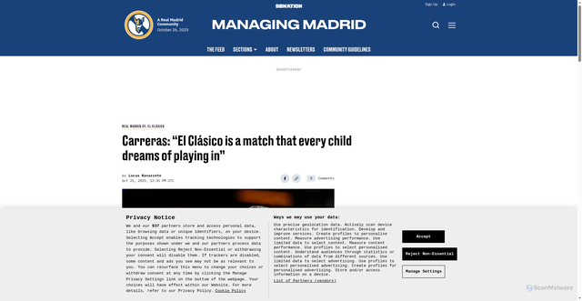 Security scan screenshot of https://www.managingmadrid.com/99740/carreras-courtois-el-clasico-quotes-2025