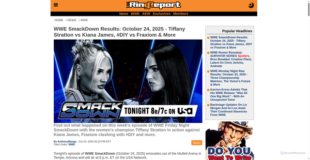 Security scan screenshot of https://theringreport.com/wwe/wwe-smackdown-results-october-24-2025---tiffany-stratton-vs-kiana-james-diy-vs-fraxiom-more-a27967