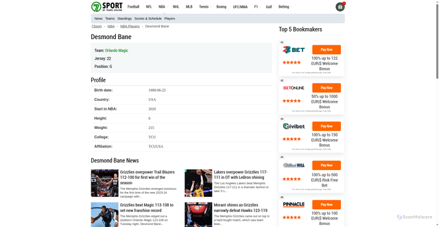 Security scan screenshot of https://7sport.net/en/nba/player/desmond-bane/