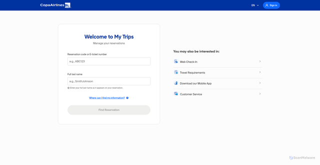 Security scan screenshot of https://mytrips.copaair.com