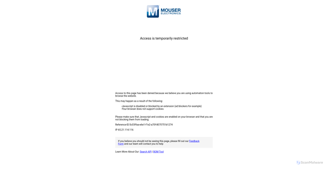 Security scan screenshot of https://www.mouser.com/?srsltid=AfmBOopwq6vbC5jvxRzsi95ZeUo_i2q1ZrxqD8PNkQa-9bEfjkPxKHL4
