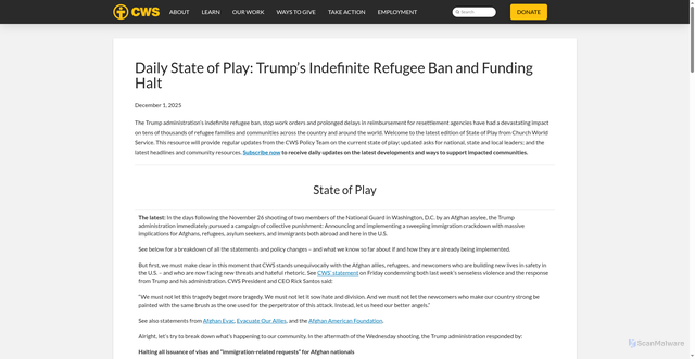 Security scan screenshot of https://cwsglobal.org/blog/daily-state-of-play-trumps-indefinite-refugee-ban-and-funding-halt/
