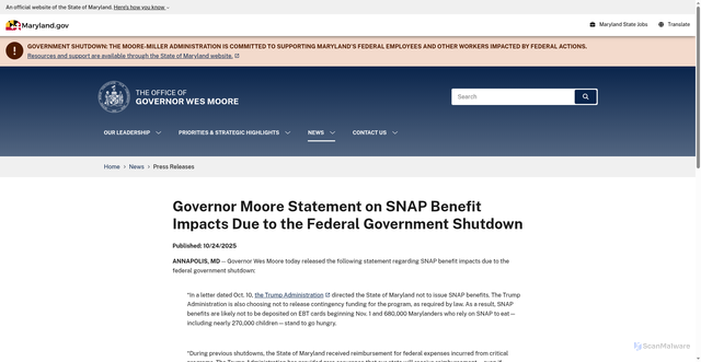 Security scan screenshot of https://governor.maryland.gov/news/press/pages/Governor-Moore-Statement-on-SNAP-Benefit-Impacts-Due-to-the-Federal-Government-Shutdown.aspx