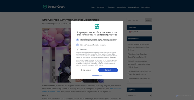 Security scan screenshot of https://longeviquest.com/2025/04/uks-ethel-caterham-115-becomes-worlds-oldest-living-person/