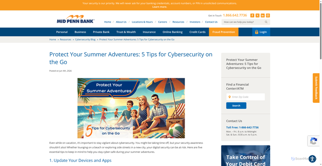 Security scan screenshot of https://midpennbank.com/protect-your-summer-adventures-5-tips-for-cybersecurity-on-the-go/