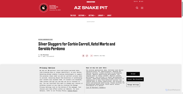Security scan screenshot of https://www.azsnakepit.com/arizona-diamondbacks-news/86247/silver-sluggers-for-corbin-carroll-ketel-marte-and-geraldo-perdomo