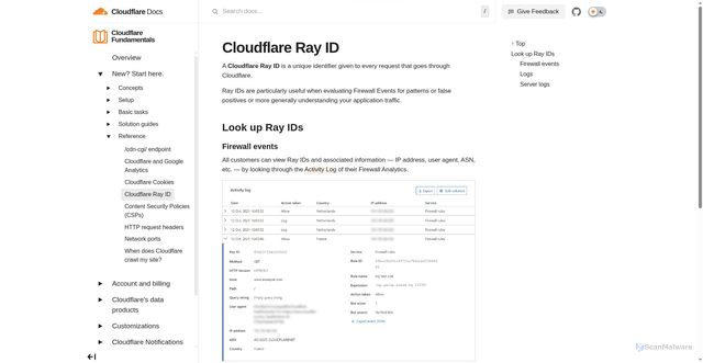 Security scan screenshot of https://cloudflare-docs-siq.pages.dev/fundamentals/get-started/reference/cloudflare-ray-id/