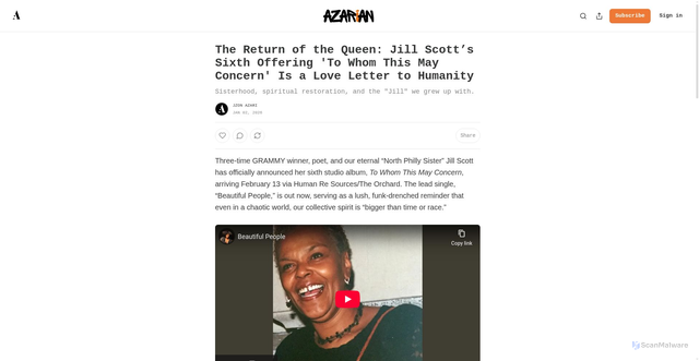 Security scan screenshot of https://www.azarianmagazine.com/p/the-return-of-the-queen-jill-scott