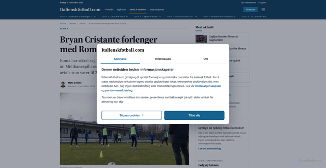 Security scan screenshot of https://italienskfotball-com-git-pilot.pages.dev/nyheter/serie-a/bryan-cristante-forlenger-med-roma-til-2028/