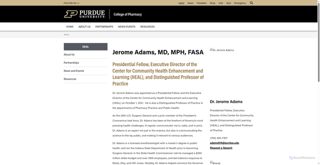 Security scan screenshot of https://legacy.pharmacy.purdue.edu/heal/about/adams.html