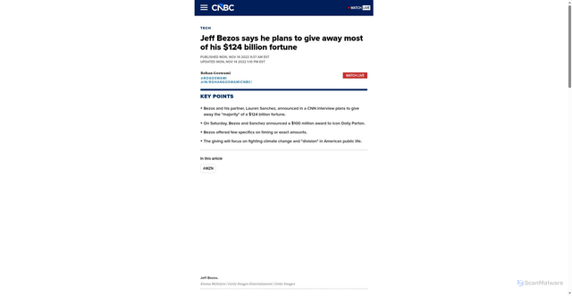 Security scan screenshot of https://www.cnbc.com/amp/2022/11/14/jeff-bezos-says-he-plans-to-give-away-most-of-his-124-billion-fortune.html