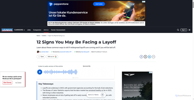 Security scan screenshot of https://careers.usnews.com/advice/articles/signs-youre-about-to-get-laid-off