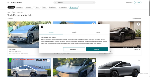 Security scan screenshot of https://www.jamesedition.com/cars/tesla/cybertruck
