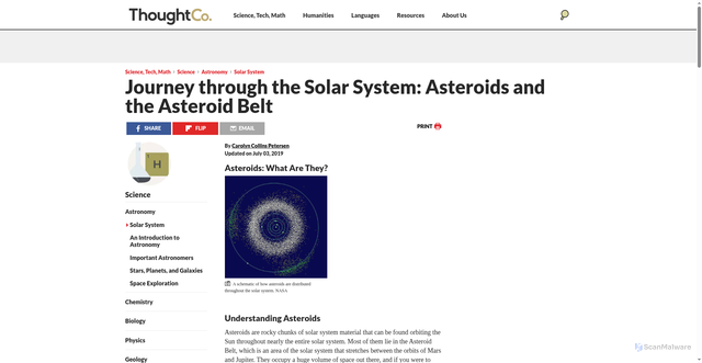 Security scan screenshot of https://www.thoughtco.com/asteroids-and-the-asteroid-belt-3073446