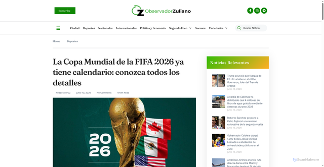 Security scan screenshot of https://observadorzuliano.com/copa-mundial-fifa-2026-tiene-calendario-partidos/
