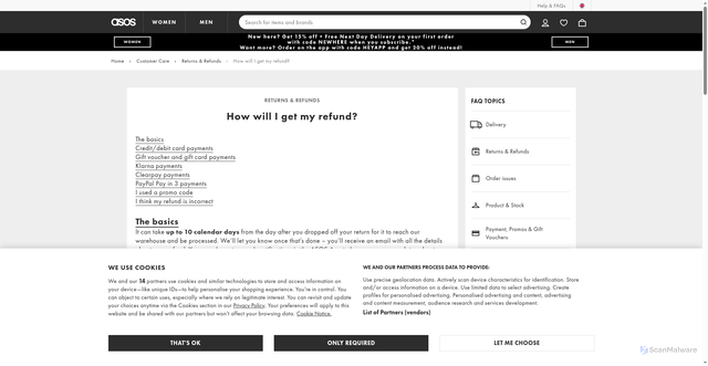 Security scan screenshot of https://www.asos.com/customer-care/returns-refunds/how-will-i-get-my-refund/
