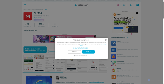 Security scan screenshot of https://mega.en.uptodown.com/android