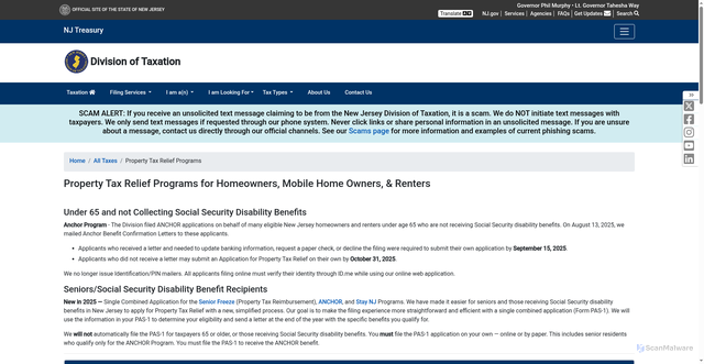 Security scan screenshot of https://www.nj.gov/treasury/taxation/relief.shtml