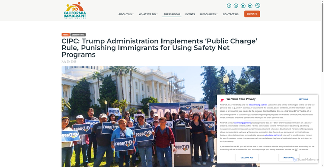 Security scan screenshot of https://caimmigrant.org/cipc-trump-administration-implements-public-charge-rule-punishing-immigrants-for-using-safety-net-programs/