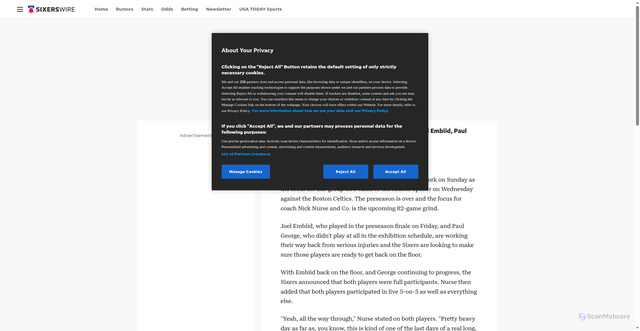 Security scan screenshot of https://sixerswire.usatoday.com/story/sports/nba/sixers/2025/10/19/76ers-give-important-updates-on-injured-stars-joel-embiid-paul-george/86789099007/