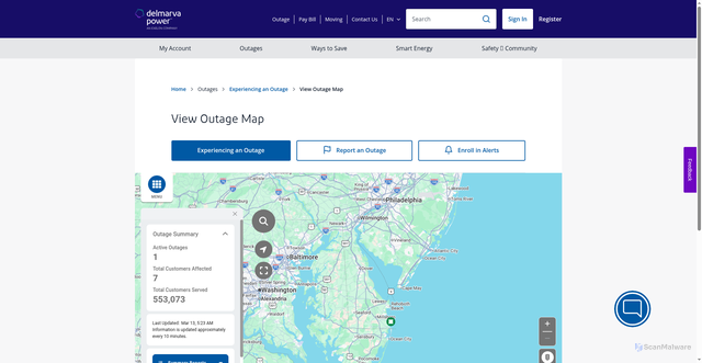 Security scan screenshot of https://www.delmarva.com/outages/experiencing-an-outage/view-outage-map