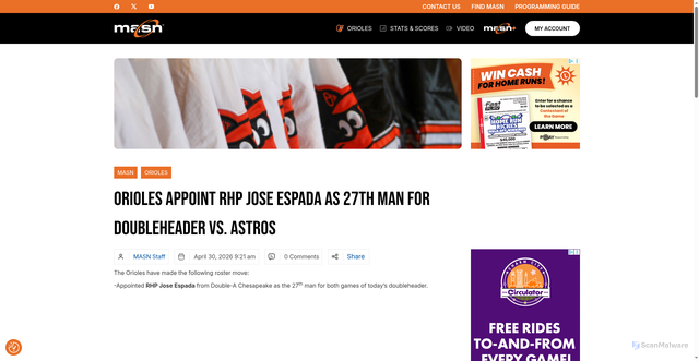 Security scan screenshot of https://www.masnsports.com/blog/entry/orioles-appoint-rhp-jose-espada-as-27th-man-for-doubleheader-vs-astros/