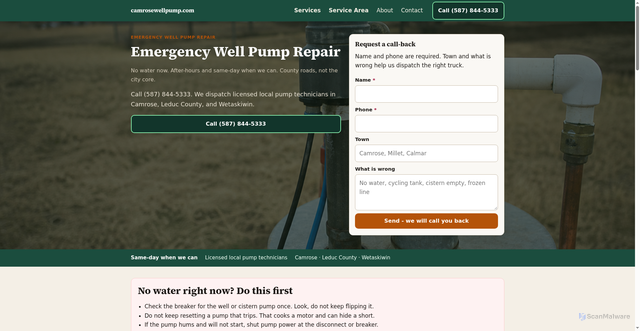 Security scan screenshot of https://camrosewellpump.pages.dev/emergency-well-pump-repair/
