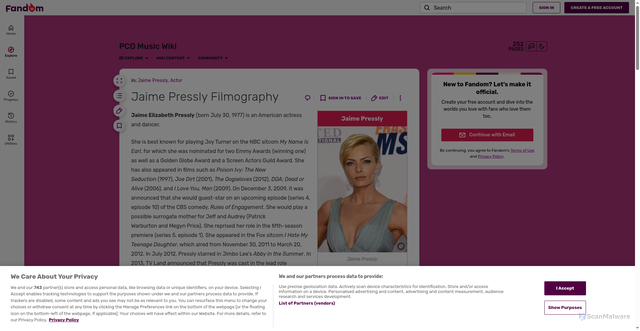 Security scan screenshot of https://pcd-music.fandom.com/wiki/Jaime_Pressly_Filmography