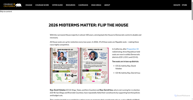 Security scan screenshot of https://couragecalifornia.org/2026-midterms-flip-the-house/