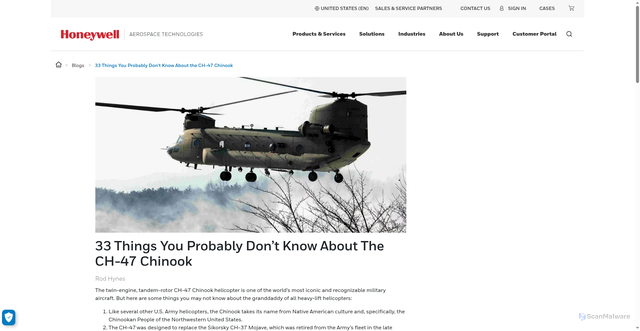 Security scan screenshot of https://aerospace.honeywell.com/us/en/about-us/blogs/33-things-you-probably-do-not-know-about-chinook-ch47