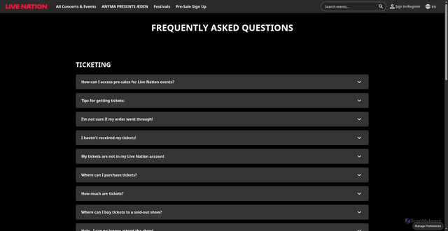 Security scan screenshot of https://www.livenation.me/faq
