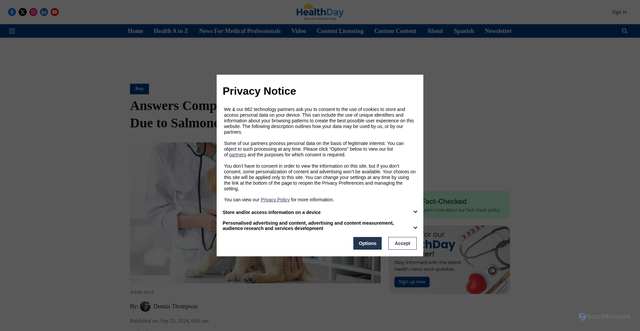 Security scan screenshot of https://www.healthday.com/health-news/pets/answers-company-recalls-raw-dog-food-due-to-salmonella-listeria-threat