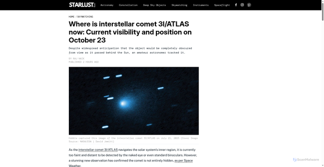 Security scan screenshot of https://starlust.org/where-is-interstellar-comet-3-i-atlas-now-current-visibility-and-position-on-october-23/