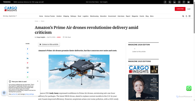 Security scan screenshot of https://cargoinsights.co/amazons-prime-air-drones-revolutionise-delivery-amid-criticism/