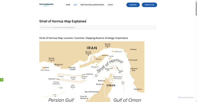 Security scan screenshot of https://hormuzmonitor.com/strait-of-hormuz-map/