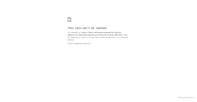 Security scan screenshot of https://bank.zenithsovereigncapital.com/uss-modules/uss-bank/bank-home/assets/fonts/fa-duotone-900.html