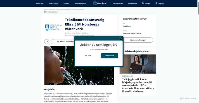 Security scan screenshot of https://jobbland.se/jobb/stockholm-vatten-avfall-teknikomradesansvarig-elkraft-till-norsborgs-vattenverk-sdsuu-19864365?utm_source=jobbevakaren&utm_medium=email&utm_content=sv&identifier=1436885062c5755f1fec8ac9a5d96cd8a761b5ca33eacfff6aca2048d3bdcc76