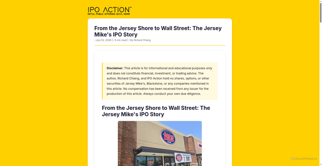 Security scan screenshot of https://www.ipoaction.com/article.php?slug=jersey-mikes-ipo-private-equity