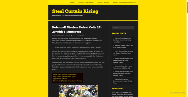 Security scan screenshot of https://steelcurtainrising.com/2025/11/steelers-defeat-colts-recap-turnovers-defense-jonathan-taylor-tomlin.html/