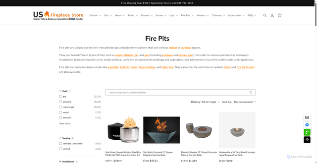 Security scan screenshot of https://usfireplacestore.com/collections/fire-pits