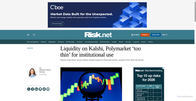 Security scan screenshot of https://www.risk.net/markets/7963633/liquidity-on-kalshi-polymarket-%E2%80%98too-thin%E2%80%99-for-institutional-use