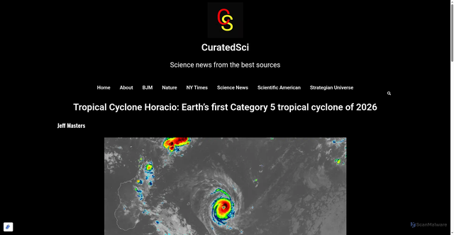 Security scan screenshot of https://sciencenews.strategian.com/public_html/2026/02/23/tropical-cyclone-horacio-earths-first-category-5-tropical-cyclone-of-2026/