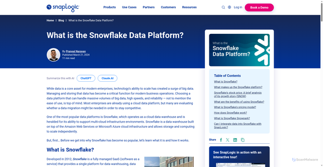 Security scan screenshot of https://www.snaplogic.com/blog/snowflake-data-platform