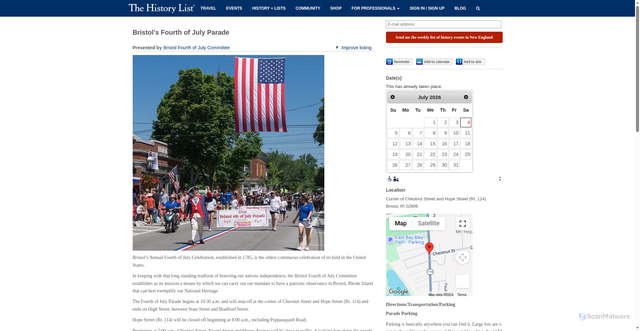 Security scan screenshot of https://events.thehistorylist.com/events/bristol-s-fourth-of-july-parade-bristol-rhode-island